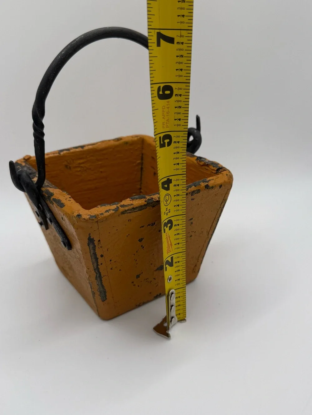 ANTIQUE YELLOW (RARE) BERRY BASKET WITH FORGED HANDLE PRIMITIVE CHIPPED TEXTURE